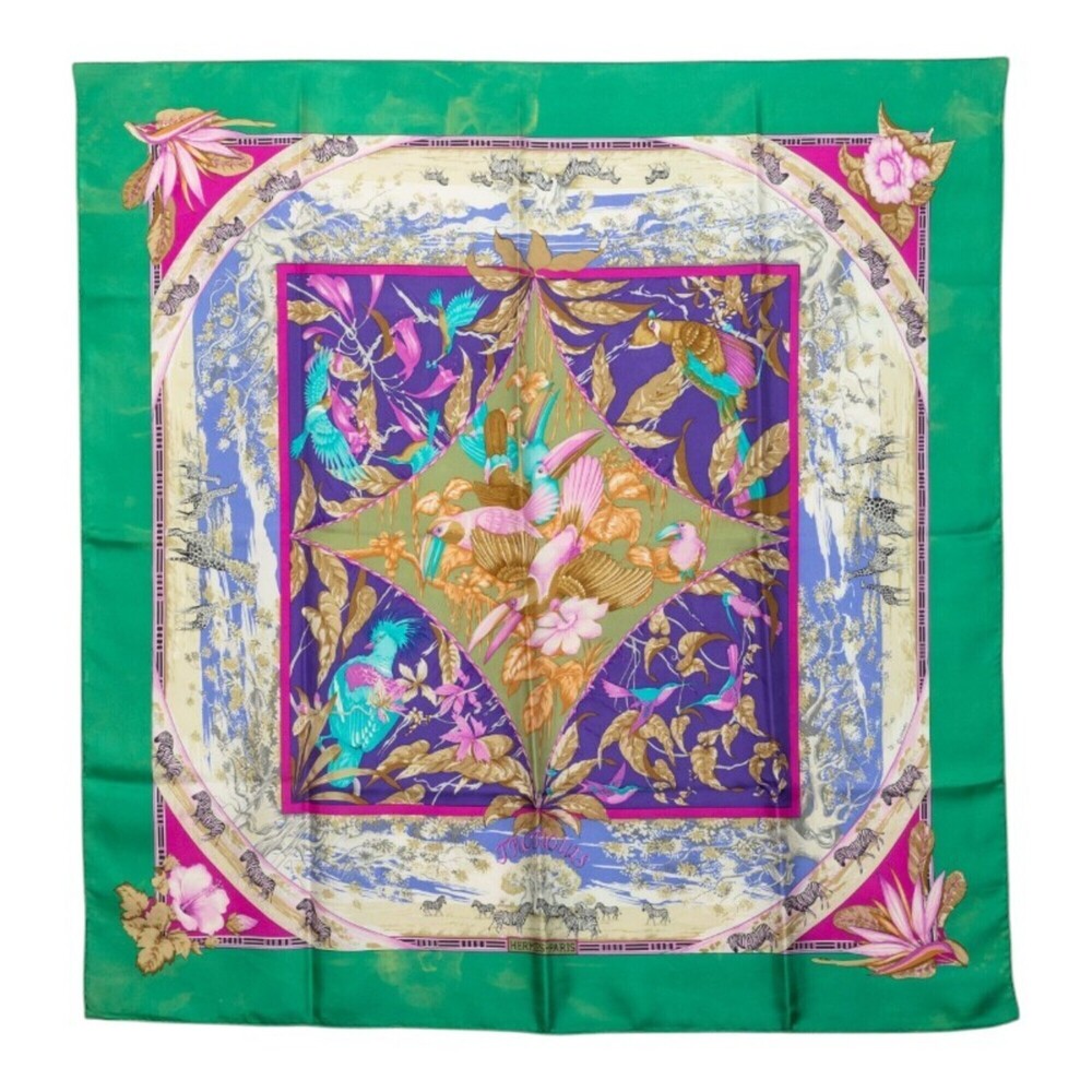 Hermes Carre 90 Tropiques Tropical Scarf Muffler Green Multicolor Silk Women'...